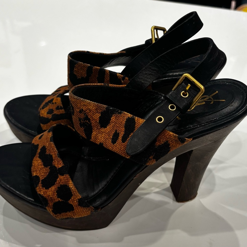 Authentic Yves Saint Laurent/Tom Ford Leopard Print Wood Platform Sandals - Picture 2 of 15